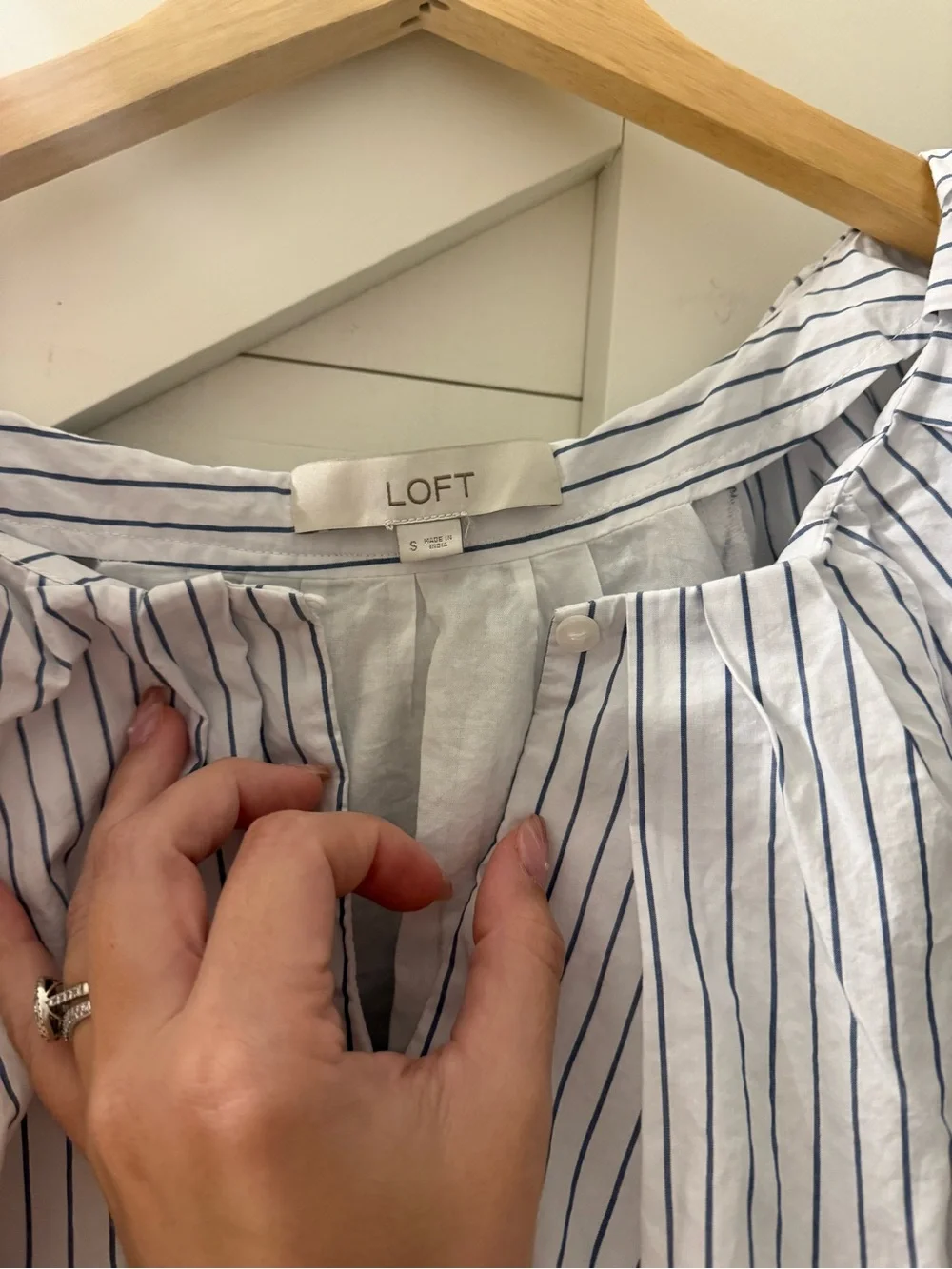 LOFT White Blouse with Navy Pinstripes and Puff Sleeves